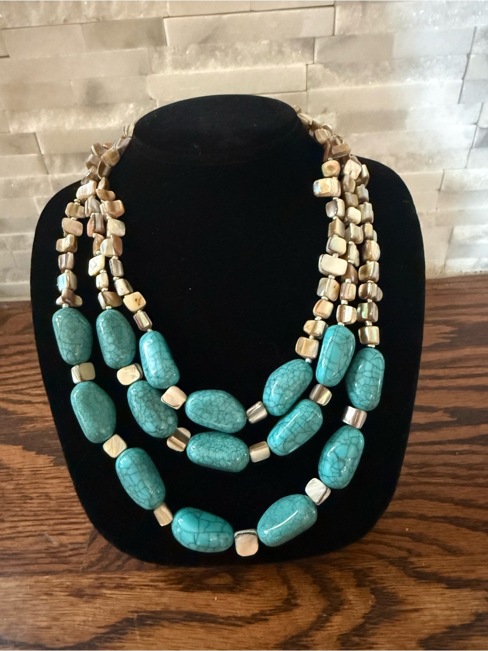 Three-Strand Faux Turquoise & Shell Statement Necklace